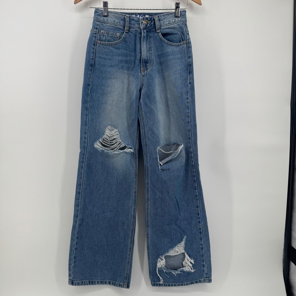 SJYP Distressed Wide Leg Jeans Medium Wash Blue Denim Size XS K-Pop Streetwear